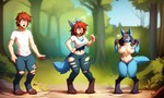 anthro big_breasts blue_body blue_fur bottomwear breast_growth breasts cartuniverse chest_tuft clothing confusion denim denim_clothing emanata expansion female forced forced_transformation forest forest_background fur fur_growth gender_transformation generation_4_pokemon grass growth hair human human_to_anthro jeans linear_sequence lucario male male_to_female mammal mid_transformation mtf_transformation nature nature_background nipples nude pants pawpads plant pokemon_(species) red_eyes red_hair sequence shirt short_stack shrinking size_transformation solo species_transformation surprised_expression t-shirt thick_thighs three_frame_sequence topwear torn_clothing transformation transformation_sequence tree tuft