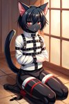 anthro bdsm black_body black_fur blush bondage bound clothed clothing collar femboy fur girly hair looking_at_viewer male raised_tail red_eyes restraints self_upload smile solo straitjacket submissive submissive_anthro craftykittydog domestic_cat felid feline felis mammal