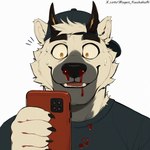 anthro blood bodily_fluids camera cellphone claws clothing ears_up fingers golden_eyes horn male phone shirt smartphone smile solo sticker topwear mugen_kuuhakuai ben_blanco mammal ursid portrait