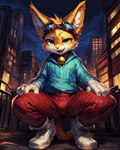 anthro bell bell_collar blinx blinx_the_time_sweeper boots bottomwear city city_background clothing collar eyewear eyewear_on_head felid feline footwear gloves goggles goggles_on_head handwear hi_res male mammal pants solo styx343 topwear