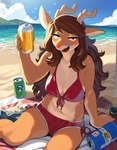 alcohol anthro antlers beach beach_background beach_towel beer beverage beverage_can bikini blush bottomwear brown_body brown_fur cleavage_cutout clothing cloud dark_hair deer_ears drunk female fur hair holding_object horn long_hair red_bikini red_eyes red_nose sand sea seaside shorts sitting sitting_on_ground solo substance_intoxication summer sunny swimwear towel water white_body white_fur anonymous_director rue_(the-minuscule-task) capreoline cervid mammal reindeer attempted_signature hi_res