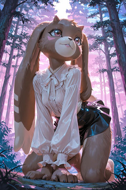 anthro black_bottomwear black_clothing black_skirt blouse bottomwear clothing female forest on_knees plant skirt solo tail topwear tree anthroai bandai_namco digimon canid canine digimon_(species) lopmon mammal hi_res