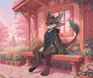 ambiguous_gender anthro black_pawpads clothing cute_fangs dark_body outside pawpads red_eyes sitting_on_bench solo anonymous_director avali hi_res
