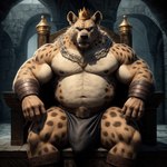 absurd_res anthro bara belly belt belt_buckle bulge chair clothing crown cuff_(restraint) furniture gnoll hi_res hyaenid jewelry jockstrap king male mammal necklace nipples pecs pup_tobey restraints royalty solo throne underwear wrist_cuffs