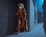 anthro armor brown_body brown_fur cape cloak clothing dagger female fur hiding leather leather_clothing melee_weapon night solo weapon ivorymane mammal mustela mustelid musteline true_musteline watermark