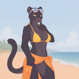 abs anthro beach black_body black_fur bra claws clothed clothing clothing_lift cloud day eyewear eyewear_on_head female floral_print fur gesture long_tail looking_at_viewer navel orange_clothing outside palm_tree pink_nose plant sand sea seaside solo sunglasses sunglasses_on_head swimwear tree underwear water yellow_clothing yellow_eyes verbotenvertex felid mammal pantherine absurd_res hi_res