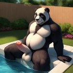 absurd_res anthro balls blue_eyes body_hair chest_hair fence genitals giant_panda hi_res male mammal outdoors outside penis pool poolside pup_tobey solo ursid