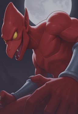 anthro bracelet empty_eyes fangs featureless_chest full_moon humanoid_pointy_ears jewelry male moon night open_mouth red_body smile solo teeth tongue torsh3 capcom firebrand demon gargoyle hi_res