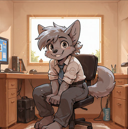 anthro blush briefcase chair clothing computer furniture keyboard male office office_chair shirt sitting smile solo sukusala tail topwear alex_(harmarist) canid canine canis mammal wolf