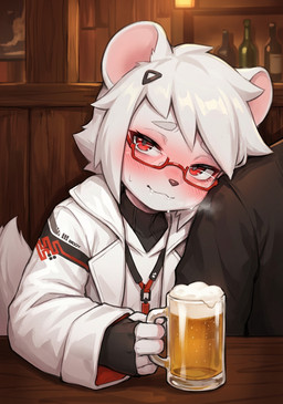alcohol anthro beer beverage black_nose blush bodily_fluids breath cc-by-sa duo hair male red_eyes smile sweat white_hair anonymous_director zoey_the_spirit_sable mammal mink mustelid musteline true_musteline hi_res