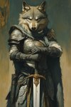 animal_genitalia anthro armor black_nose cloak clothing dagger female genitals gloves handwear melee_weapon menacing_look ornate_armor ornate_clothing sheath solo solo_focus sword weapon yellow_eyes bahufaru canid canine canis mammal wolf hi_res portrait