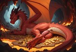 anus bodily_fluids cave erection feral genital_fluids genitals horn lava looking_at_viewer looking_back lying male mythology on_side paws penis precum red_body scales smile smirk solo tail tapering_penis treasure drachenviech dragon mythological_creature mythological_scalie scalie gold hi_res