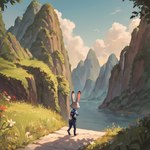 anthro clothed clothing cloudscape female flower fully_clothed grass mountain_range mountains outside painting plant police_uniform river sky solo uniform zootopia charlynash judy_hopps lagomorph leporid mammal rabbit