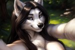 anthro black_hair breasts canid canine canineluvr19 canis chest_tuft cleavage clothed clothing female hair hi_res long_hair mammal outside seductive selfie smile smirk solo solo_focus tuft wolf