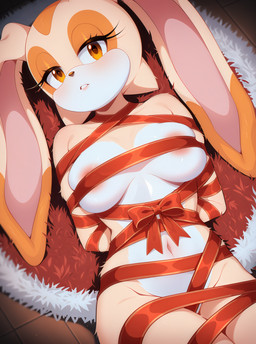 bound bow_ribbon breasts female gift gift_wrapped high-angle_view lying parted_lips rug solo furrybomber sega sonic_the_hedgehog_(series) cream_the_rabbit lagomorph leporid mammal rabbit hi_res