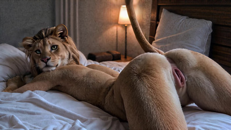 anthro anus ass_up bed bedroom butt female fur furniture genitals green_eyes lion_ears looking_at_viewer lying on_front pillow pink_nose presenting presenting_hindquarters pussy realistic realistic_fur realistic_lighting solo tail_tuft tail_up tan_body tan_fur tuft zabern felid lion mammal pantherine animated hi_res short_playtime webm