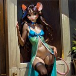 anthro bottomless clothed clothing collar collar_bell ear_piercing female genitals legwear looking_at_viewer nightgown piercing pussy solo standing stockings denis0k mammal mouse murid murine rodent