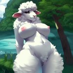 anthro belly bovid breasts caprine cleavage clothed clothing domestic_sheep female genitals mammal navel nipples outside pussy sheep solo ty