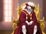 anthro chair clothing furniture generation_7_pokemon light lighting lycanroc male mammal midnight_lycanroc pokemon_(species) robe smile solo throne