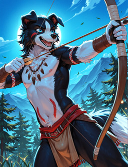 anthro bare_chest black_and_white_fur bottomwear bow_(weapon) bulge clothed clothing jewelry loincloth male necklace nipples ranged_weapon shirtless shirtless_male skimpy solo weapon barclay finley border_collie canid canine canis collie domestic_dog herding_dog mammal pastoral_dog sheepdog absurd_res hi_res