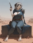 anthro armor blue_eyes breasts cloak clothing desert female grey_hair gun hair handgun holster junkyard long_hair messy_hair nipple_slip nipples paws post-apocalyptic ranged_weapon revolver solo wasteland weapon jesseenemygamer border_collie canid canine canis collie domestic_dog herding_dog mammal pastoral_dog sheepdog hi_res