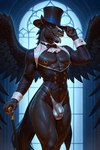 abs anthro biped black_body black_feathers black_fur black_hair black_wings blue_eyes bow_tie breastless_clothing bulge cane clothed clothing detailed_bulge ear_piercing ear_ring facial_piercing feathered_wings feathers fingers fur genital_outline genitals glistening glistening_body hair hat headgear headwear highleg holding_object looking_at_viewer male muscular muscular_anthro muscular_male navel nipple_piercing nipple_ring nipples nose_piercing nose_ring open_mouth open_smile pecs penis_outline piercing pubes ring_piercing septum_piercing septum_ring smile solo standing teeth thong tight_clothing tongue tongue_out top_hat topwear underwear window wings anonymous_director equid equine horse mammal pegasus hi_res portrait three-quarter_portrait