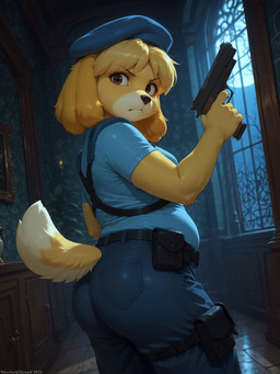 anthro belly belly_overhang belt beret big_butt blue_bottomwear blue_clothing blue_pants blue_shirt blue_topwear bottomwear breasts brown_eyes butt cargo_pants clothed clothing crossover curvy_figure female fur gun handgun hat headgear headwear inside looking_back mansion moon night pants police ranged_weapon shirt shoulder_pads side_view slightly_chubby solo squish straps sweater tail thick_thighs topwear voluptuous weapon wide_hips yellow_body yellow_fur sherlock_hound_(director) animal_crossing nintendo resident_evil isabelle_(animal_crossing) jill_valentine canid canine canis domestic_dog mammal 2026 absurd_res cool_colors detailed hi_res shaded soft_shading