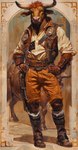 anthro armor belt belt_buckle boots clothing footwear gauntlets gloves hair handwear knee_pads male pink_nose red_hair solo topwear vest western bahufaru bennoc_(bahufaru) bovid bovine cattle highland_cattle mammal hi_res