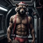 2023 abs anthro black_nose brown_body brown_fur christmas_clothing christmas_headwear christmas_theme clothing fur hat headgear headwear hi_res holidays looking_at_viewer male monkeyelf_(director) muscular muscular_anthro muscular_male neck_tuft pecs portrait pubes rocket_raccoon santa_hat solo spacecraft_interior spaceship stable_diffusion standing topwear tuft underwear veiny_arms veiny_biceps veiny_hands veiny_muscles vest