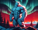 5_fingers abs ambient_light anthro arctic aurora_borealis biceps big_abs big_biceps big_deltoids big_forearm_muscles big_muscles big_pecs big_quads big_trapezius big_triceps biped black_nose broad_shoulders cheek_tuft closed_smile dall-e_3 deltoids detailed_background evergreen_tree facial_tuft featureless_crotch fingers fist forearm_muscles front_view fur grey_nipples huge_biceps huge_deltoids huge_forearm_muscles huge_muscles huge_quads huge_triceps humanoid_hands ice lake light light_body light_fur looking_aside male manly monotone_body monotone_fur mountain mouth_closed muscular muscular_anthro muscular_arms muscular_male night nipples nude nude_anthro nude_male obliques outside pecs pine_tree plant pupils quads rock round_ears serratus sky smile snout snow solo standing star starry_sky thick_neck three-quarter_view trapezius tree triceps tuft water white_body white_ears white_fur white_pupils white_tuft zenithwolf mammal polar_bear ursid ursine 9:7 detailed digital_drawing_(artwork) digital_media_(artwork) hatching_(art) hi_res lighting portrait shaded story story_in_description three-quarter_portrait