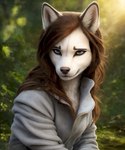 anthro black_nose blue_eyes blurred_background brown_hair canid canine canis clothed clothing detailed detailed_background domestic_dog eyebrows eyelashes female front_view fur glistening glistening_eyes hair husky inner_ear_fluff long_hair looking_at_viewer mammal narrowed_eyes nordic_sled_dog outside pikaflufftuft plant portrait realistic snout solo spitz topwear tree tuft watermark white_body white_ears white_fur white_inner_ear_fluff