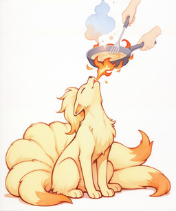 ambiguous_gender breath_powers chest_tuft cooking cookware cutlery dipstick_tail disembodied_hand duo elemental_manipulation eyes_closed feral fire fire_breathing fire_manipulation food frying_pan fur holding_object kitchen_utensils markings multi_tail open_mouth orange_body orange_fur quadruped simple_background sitting solo_focus spatula tail tail_markings tan_body tongue tools tuft white_background yellow_body yellow_fur verbotenvertex nintendo pokemon canid canine generation_1_pokemon mammal ninetales pokemon_(species) absurd_res hi_res shaded