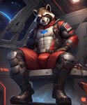 anthro biceps boots clothing detailed_fur ears_up footwear fur male male/male muscular muscular_male planet red_eyes sharp_teeth sitting smile solo solo_focus space spacecraft spacesuit suit teeth vehicle whiskers kuranoidss rocket_raccoon mammal procyonid raccoon detailed hi_res