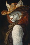 anthro black_background clothing cowboy_hat dramatic_lighting female hair hat headgear headwear photorealism photorealistic pink_nose red_hair scarf simple_background solo solo_focus whiskers yellow_eyes bahufaru illythia_gallio_(bahufaru) felid feline lynx mammal hi_res portrait