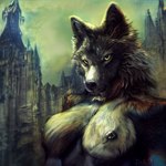 1:1 anthro attempted_signature ausfer black_body black_fur black_nipples black_nose blurred_background breasts canid canine canis castle female fluffy fur green_sky grey_body grey_fur looking_at_viewer mammal nipples puffy_nipples sky solo white_body white_fur wolf yellow_eyes