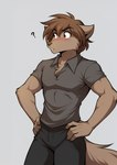 anthro blush bottomwear brown_body brown_eyes brown_fur brown_hair chest_tuft clothed clothing confusion fur hair hands_on_hips male pants question_mark shirt simple_background solo topwear tuft white_background anontk twokinds zen_(twokinds) canid canine canis keidran mammal wolf hi_res