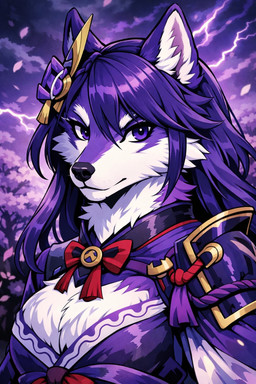 anthro asian_clothing breasts cherry_blossom cherry_blossom_tree cherry_tree clothing east_asian_clothing electricity eyelashes female fruit_tree fur hair inner_ear_fluff japanese_clothing kimono outside plant purple_body purple_eyes purple_fur purple_hair solo tree tuft upper_body genshin_impact raiden_shogun_(genshin_impact) canid canine canis mammal wolf hi_res