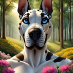 absurd_res anthro big_nose blue_eyes canid canine canis director_cougar domestic_dog female flower forest fur great_dane hi_res humanoid_pointy_ears light mammal mastiff molosser plant solo spots spotted_body spotted_fur sunlight tree white_body