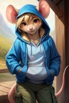 anthro big_ears blonde_hair bottomwear brown_eyes cargo_pants clothed clothing female hair hoodie krysten pants raised_clothing raised_hoodie raised_topwear solo topwear mindry mammal mouse murid murine rodent