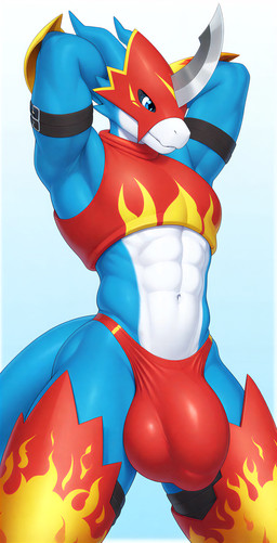 abs anthro armor big_bulge blue_body bulge clothing face_mask feet_out_of_frame hands_behind_head looking_aside male muscular muscular_male red_clothing red_speedo red_swimwear solo speedo straps swimwear bernverse_(director) digimon digimon_(species) flamedramon absurd_res hi_res