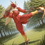 3_fingers 3_toes abs action_pose anthro anthrofied areola athletic athletic_female avian_feet beak big_breasts biped blonde_hair blue_eyes breasts butt_from_the_front casual_nudity claws day detailed_background elemental_manipulation feathers feet female fighting_pose finger_claws fingers fire fire_manipulation front_view fur genitals grass hair kick long_hair multicolored_body muscular muscular_anthro muscular_female muscular_thighs navel nipples non-mammal_breasts non-mammal_nipples nude nude_female on_one_leg open_beak open_mouth outdoor_nudity outside pink_nipples plant pose pussy raised_leg red_areola red_body red_feathers red_fur red_nipples red_pussy scuted_arms scutes solo spread_legs spreading standing tail tail_feathers talons teeth thick_thighs toe_claws toes tongue tree tuft white_hair yellow_body yellow_feathers yellow_sclera anonymous_director nintendo pokemon avian bird blaziken generation_3_pokemon pokemon_(species) hi_res