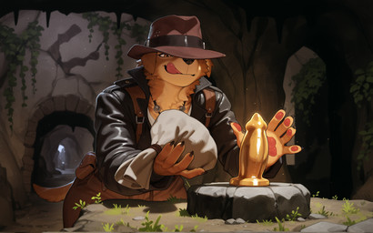 anthro black_clothing black_jacket black_topwear bottomwear brown_body brown_bottomwear brown_clothing brown_eyes button_ears cave clothing dildo eyelashes female floppy_ears glistening glistening_clothing gold_(metal) hat headgear headwear holding_object jacket jewelry leaning leaning_forward leather leather_clothing licking licking_lips long_eyelashes looking_down necklace one_eye_obstructed pants parody plant sack sex_toy shirt solo standing tail tongue tongue_out topwear white_clothing white_shirt white_topwear burioth indiana_jones canid canine canis domestic_dog mammal hi_res