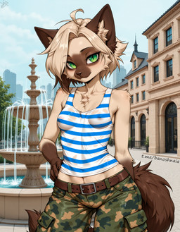 anthro belt blue_stripes bottomwear camo camo_bottomwear camo_clothing camo_pants camo_print cargo_pants clothing covered_nipples female fountain green_eyes hair hand_on_own_hip pants pattern_bottomwear pattern_clothing pattern_pants shirt solo standing street striped_clothing stripes tan_body tan_hair tank_top topwear wet wet_clothing djar17 domestic_cat felid feline felis mammal siamese absurd_res hi_res