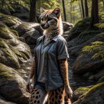 anthro black_nose bottomwear clothed clothing denim denim_clothing denim_jacket female moss nature neck_tuft plant realistic round_ears shorts solo spots spotted_body stable_diffusion tree tuft water whiskers gopossum felid mammal