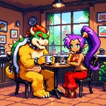 anthro blue_eyes breasts brown_body brown_skin chair claws clothing collar container crossover cup duo ear_piercing ear_ring feet female footwear furniture hair high_heels horn humanoid_pointy_ears long_hair male on_chair picture_frame piercing plant ponytail purple_hair red_eyes red_hair ring_piercing sitting sitting_on_chair smile spiked_collar spikes toe_claws toes video_games window yellow_body anonymous_director nintendo super_mario_bros wayforward bowser shantae genie humanoid koopa scalie digital_media_(artwork) pixel_(artwork)