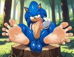 anthro balls beckoning big_balls big_feet big_penis black_nose blue_balls blue_body blue_skin blurred_background bodily_fluids clothing erection feet feet_up forest genital_fluids genitals gesture gloves green_eyes half-closed_eyes handwear heavy_balls large_balls legs_up long_penis looking_at_viewer male mobian multicolored_body multicolored_penis narrowed_eyes nude outside penis plant presenting presenting_balls presenting_penis saggy_balls seductive sitting smile smirk solo spread_legs spread_toes spreading sweat thick_penis thick_thighs toes tree tree_stump two_tone_body two_tone_penis urethra vein veiny_penis white_clothing white_gloves white_handwear wrinkled_feet theaifeetguy sega sonic_the_hedgehog_(series) eulipotyphlan hedgehog mammal