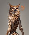 anthro beak breasts exclamation_point eyelashes female fluffy fur head_turned looking_at_viewer neck_tuft open_beak open_mouth orange_body orange_fur orange_sclera rear_view sideboob slim solo spots spotted_body spotted_fur striped_body striped_fur stripes surprised_expression tan_body tan_fur tuft wide_eyed oldhroft avian velari half-length_portrait hi_res portrait