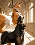 armwear black_clothing black_dress black_gloves black_handwear black_legwear black_nose breasts candle choker cleavage clothed clothing detailed_background dipstick_tail dress elbow_gloves evening_gown female fingers fluffy fluffy_tail fur gloves hair handwear inner_boob inner_ear_fluff inside jewelry legwear long_hair looking_at_viewer markings medium_breasts multicolored_body multicolored_fur necklace orange_body orange_fur orange_hair plunging_neckline quadruped side_view smile solo standing stockings tail tail_markings tuft white_body white_fur window yellow_eyes anonymous_director canid canid_taur canine canine_taur fox fox_taur mammal mammal_taur red_fox taur hi_res