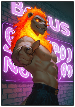 anthro bottomwear clothing gesture glowing glowing_eyes glowing_hair hair male muscular muscular_male neon_lights pants pointing pointing_at_viewer shirtless smile smiling_at_viewer solo nonimousmate max_(nonimousmate) felid lion mammal pantherine hi_res