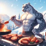 abs abs_muscles anthro belt biceps clothing cooking felid fingers fire food forest fur fur_markings grill male mammal markings meat nikkolaus pantherine pants_only pink_nose plant shirtless shirtless_anthro shirtless_male snow snow_leopard snow_on_branches snow_on_ground snowing solo spots spotted_body spotted_fur tail_markings tree triceps